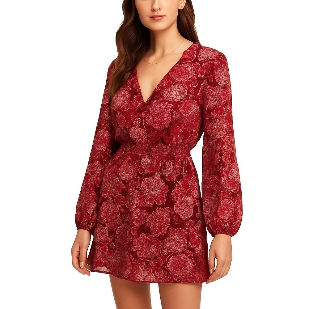 Rose Olive Womens S Red Floral V-Neck Long Sleeve Mini‎ Dress Boho Peasant NWT